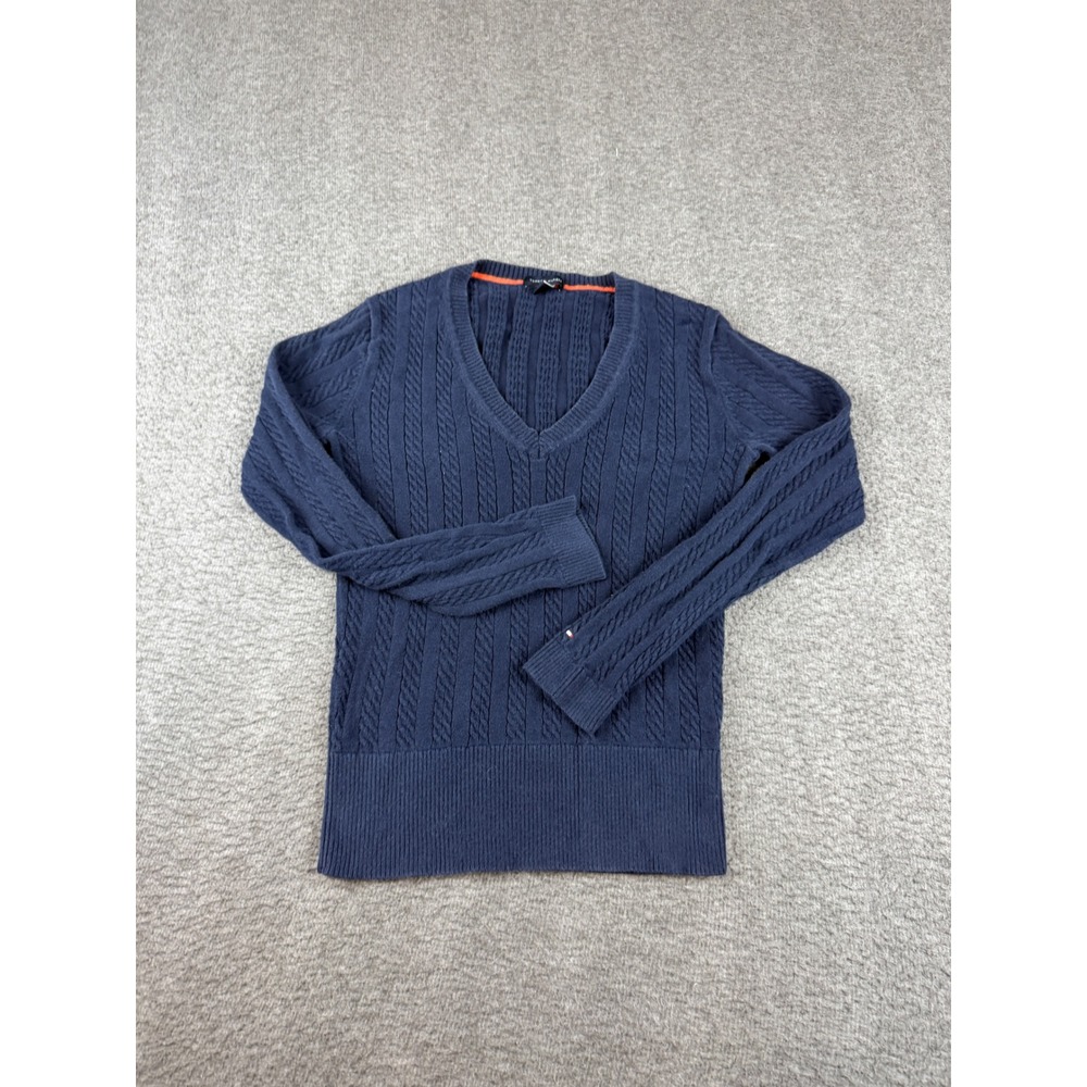 Tommy Hilfiger Sweater Women's Small Navy Blue V-Neck Cable Knit Cotton